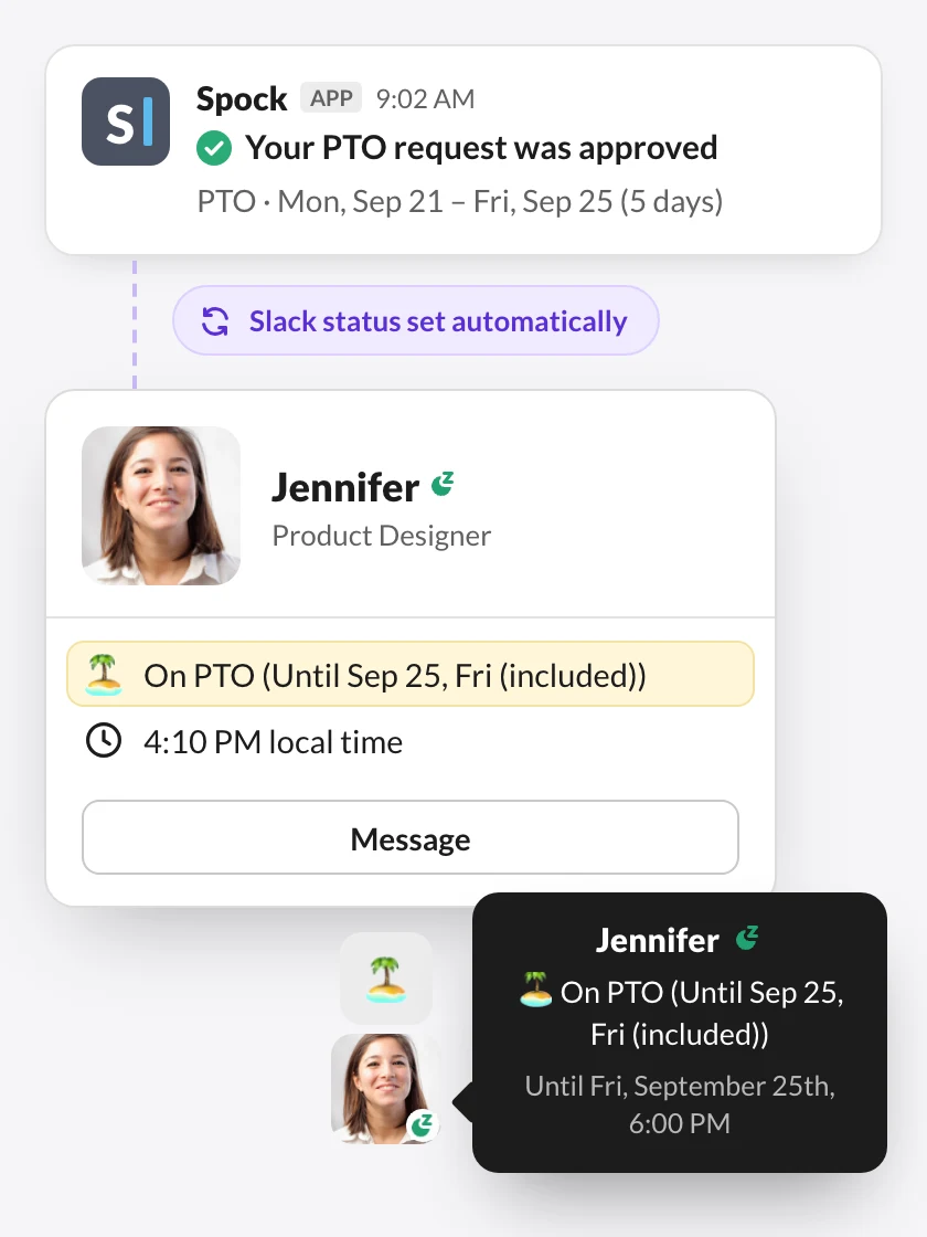 Spock approves a PTO request and sets the Slack status automatically: colleagues see On PTO until Sep 25 on the profile card and in the hover tooltip