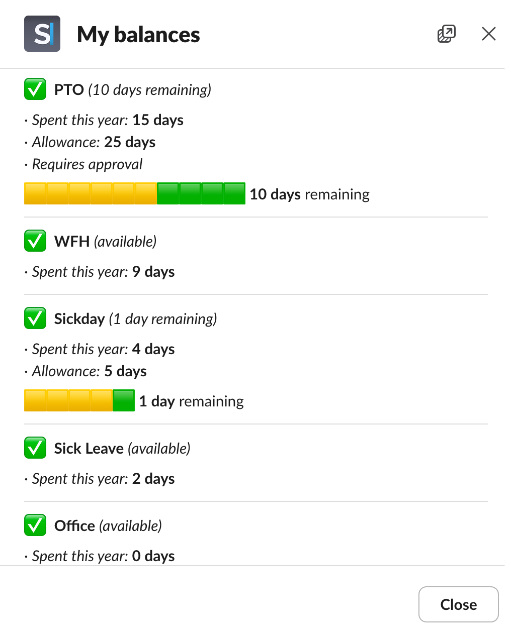 Spock's My balances view in Slack showing PTO, WFH and sick days used this year, with 10 PTO days remaining