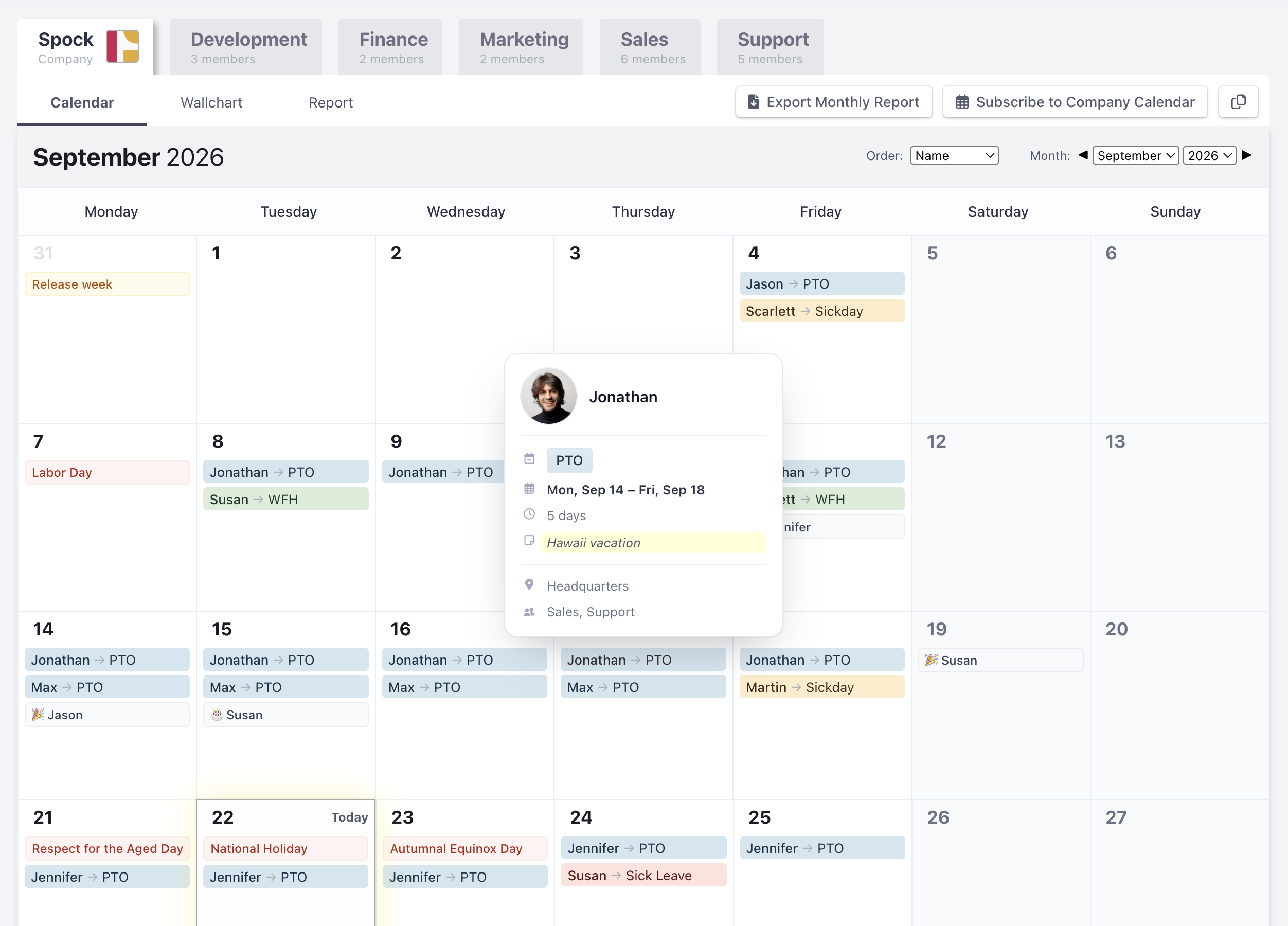 Spock's monthly team calendar showing who's on PTO, off sick or working from home, with one colleague's vacation details open
