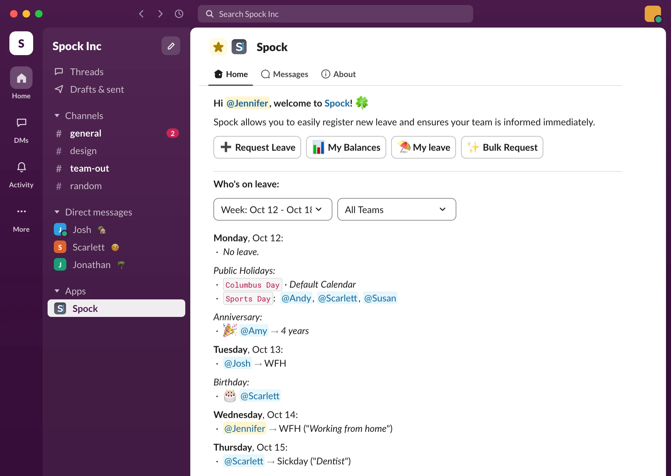 Slack desktop with Spock open under Apps, showing its Home tab: Request Leave and My Balances buttons and who's on leave this week