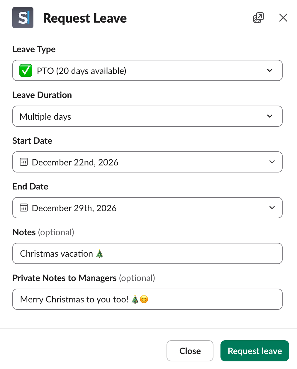 Spock's Request Leave form in Slack with PTO selected, 20 days available, and dates from December 22 to 29