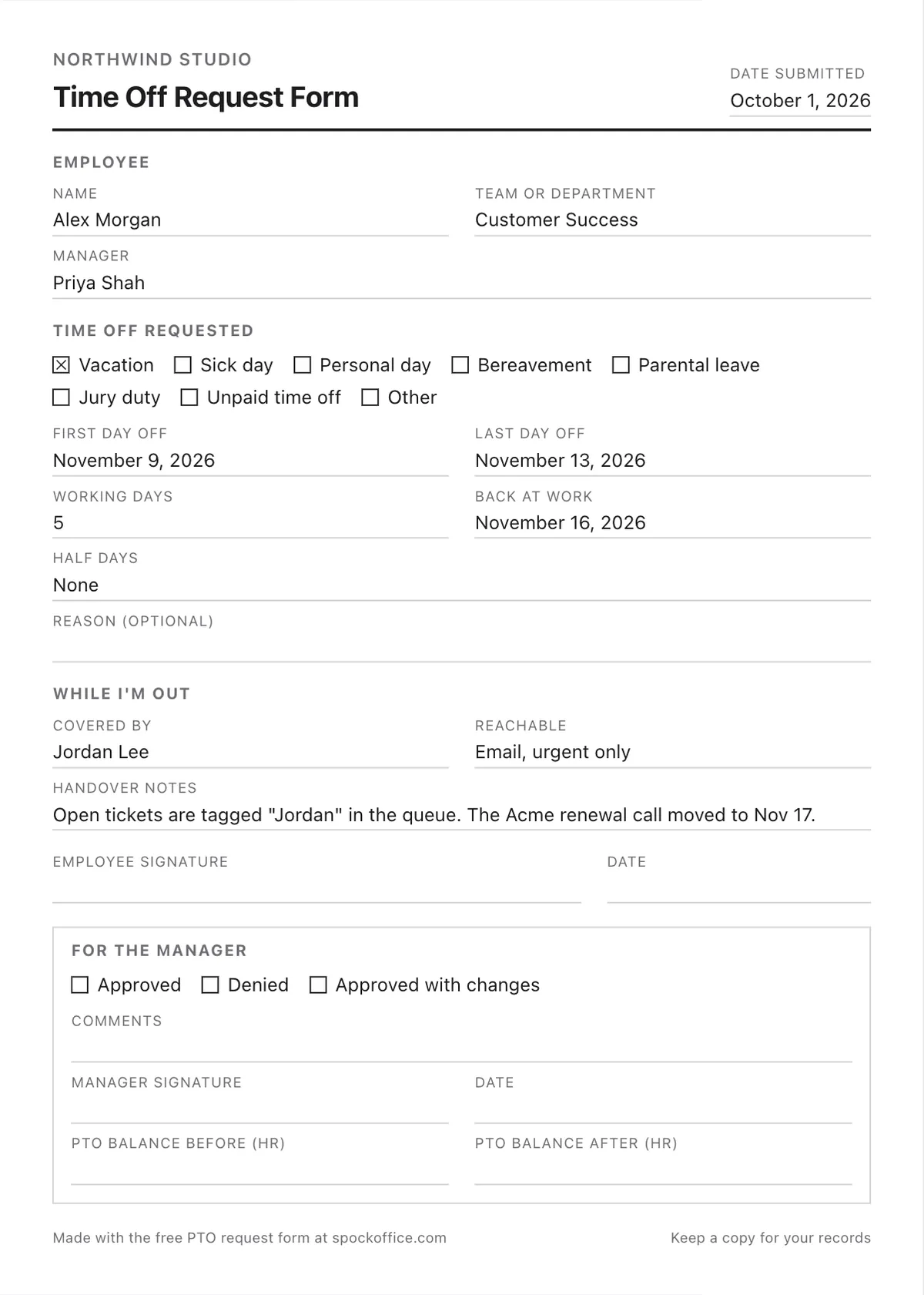 Example PTO request form filled in for a five-day vacation, with manager approval and HR balance boxes